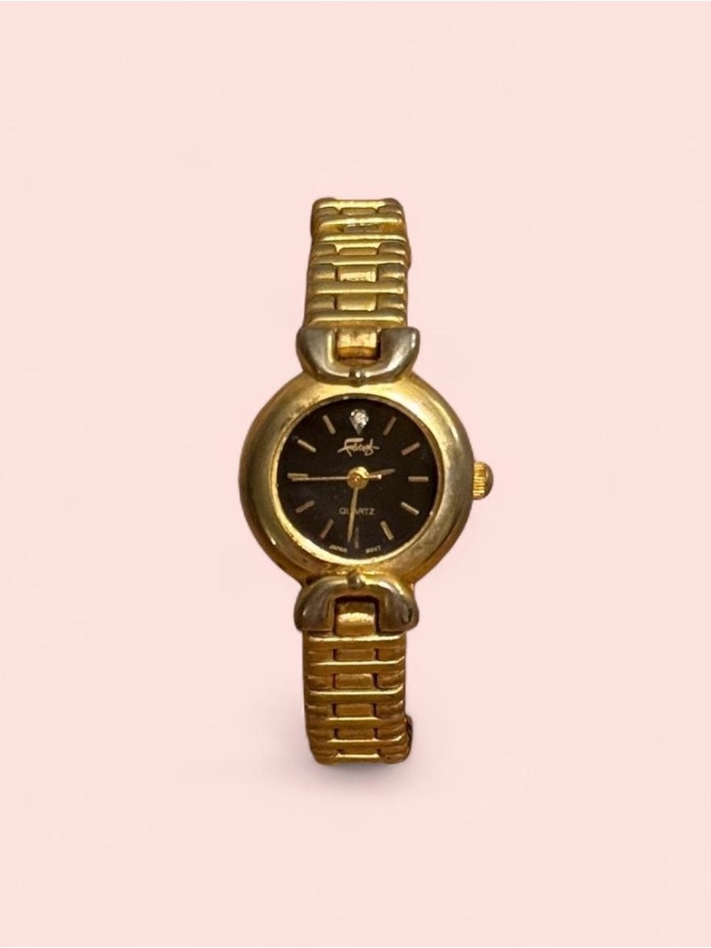 Vintage Fabergé Women’s Quartz Watch Two Tone Black Dial Gold Tone Link Bracelet